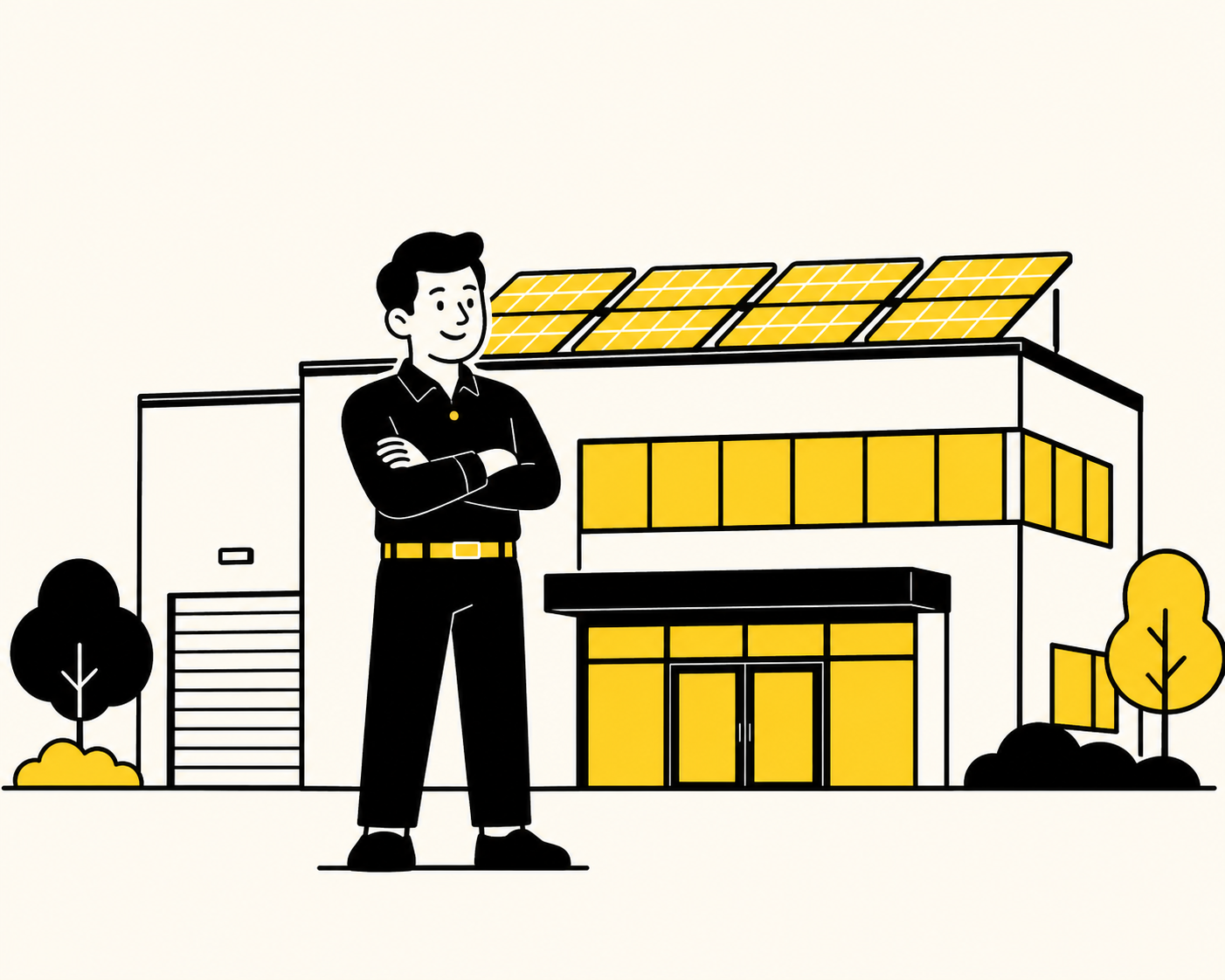 Business owner standing in front of a commercial building with rooftop solar