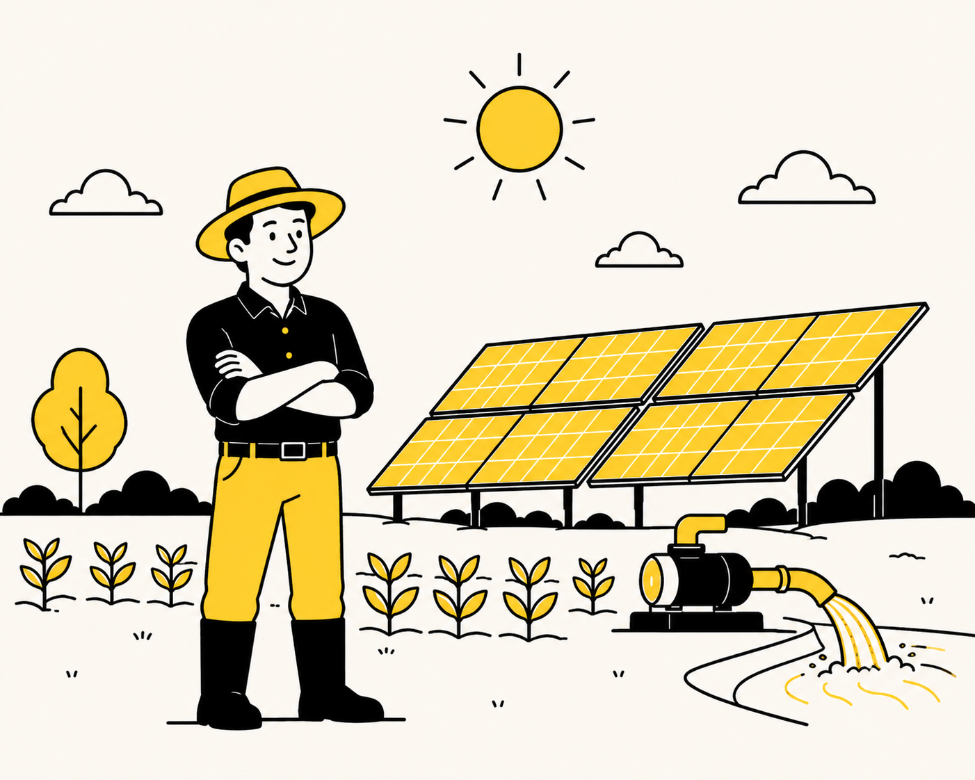 Farmer standing beside ground-mounted solar panels powering an irrigation pump