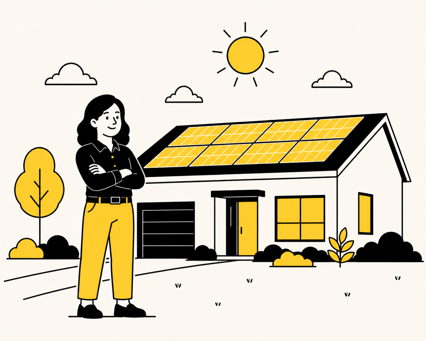 Homeowner standing in front of a house with rooftop solar panels